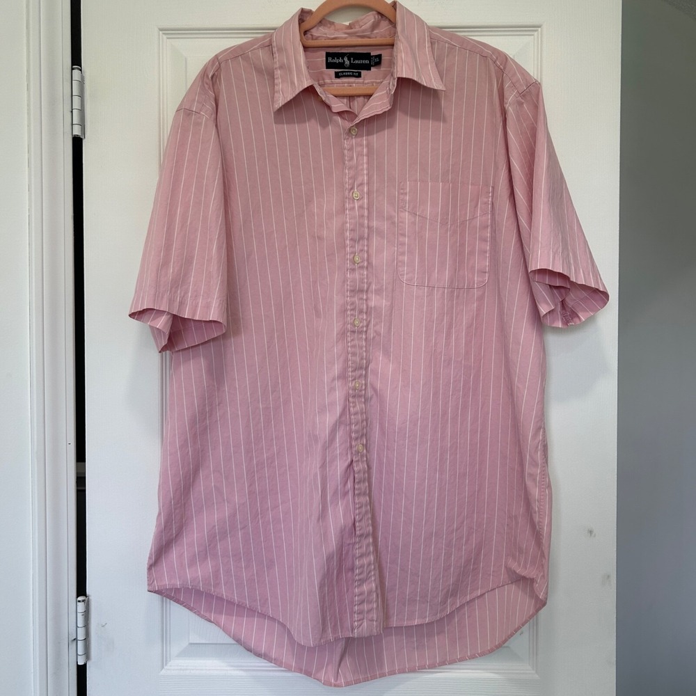 Polo Ralph Lauren Shirt 100% Cotton‎ Short Sleeve Button Up Pink Striped Mens XL